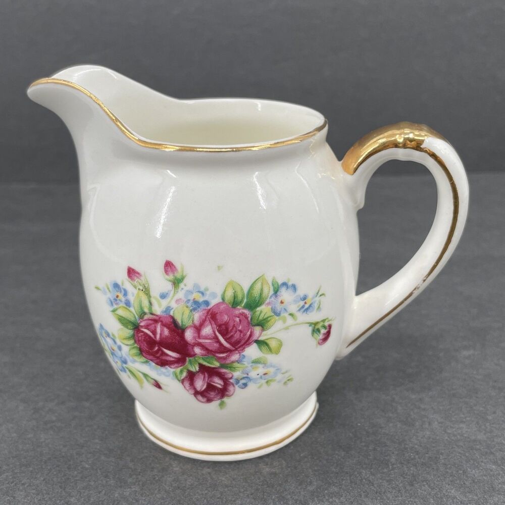 Porcelain Creamer Pink Roses Gold Trim Bone China Japan E Backstamp 4" Vintage - Picture 3 of 11